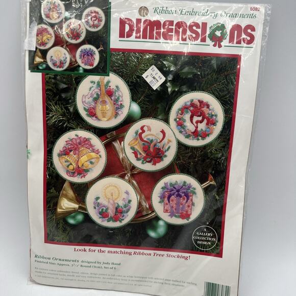 Set 6 Dimensions Ribbon Embroidery Christmas Ornaments Kit 8082 Judy Hand 1995 - Picture 1 of 9